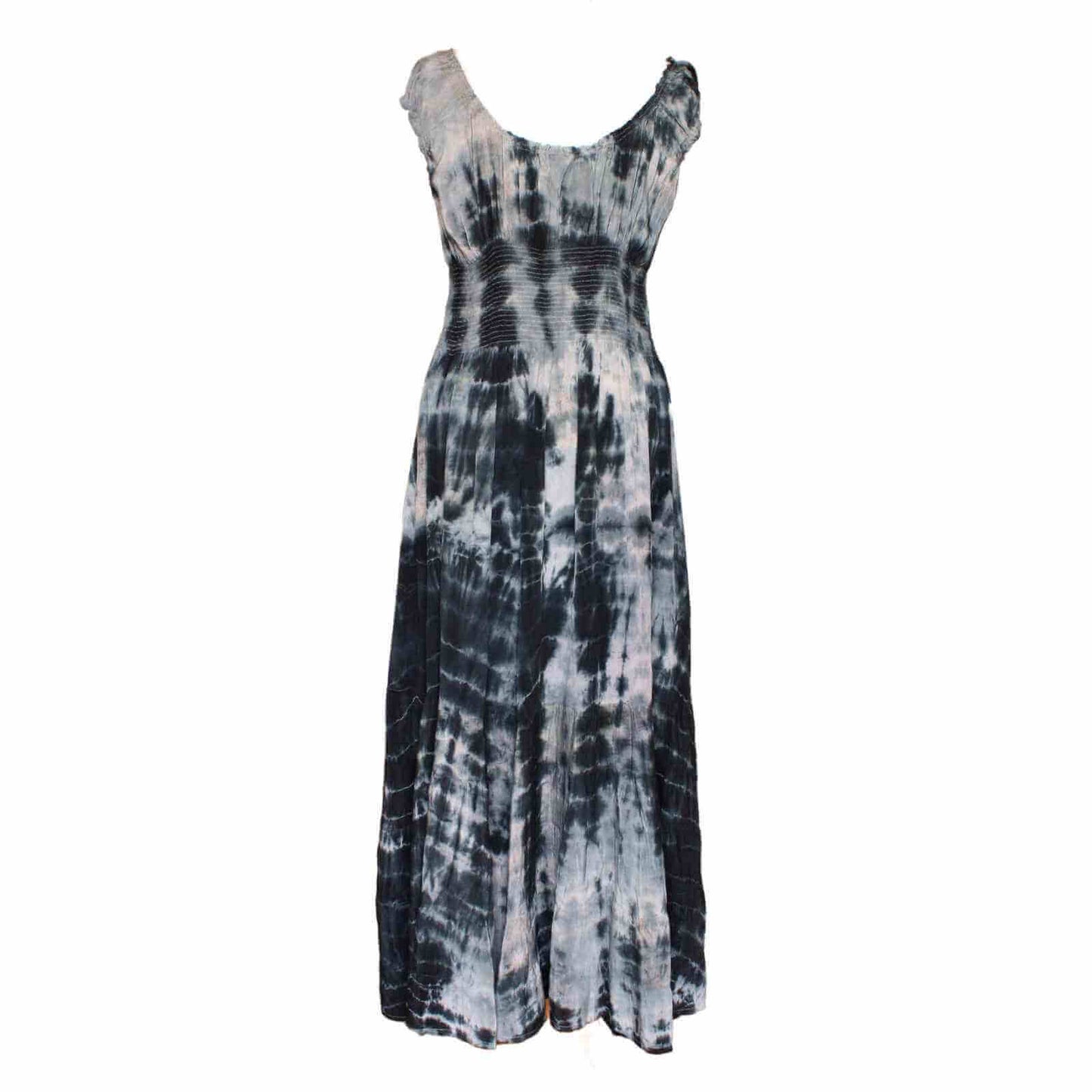 lang grå silkekjole i tie dye bagfra