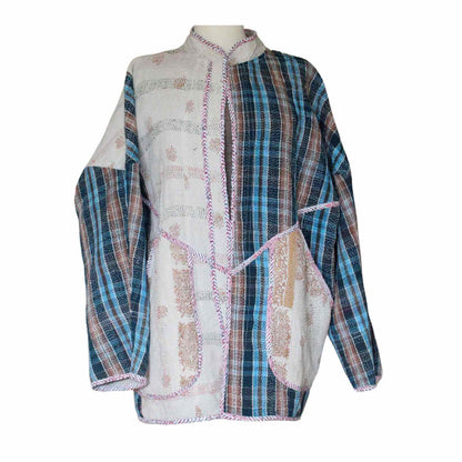 blå og beige kantha quiltet bomulds jakke