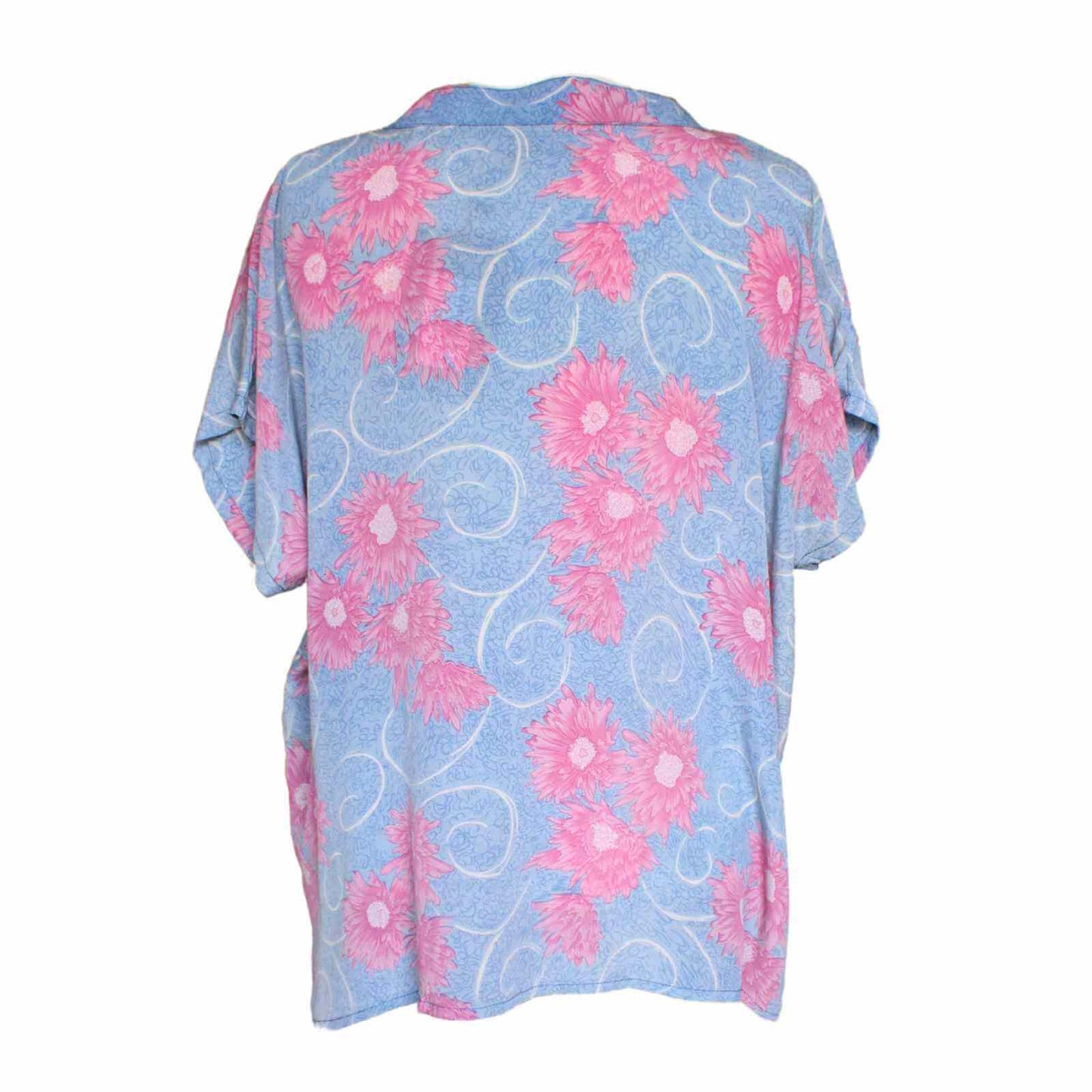 lyseblå silke top med pink blomster bagfra