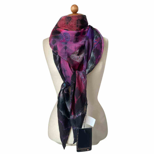 Pink lilla og sort stort silke tørklæde i genavendt silke