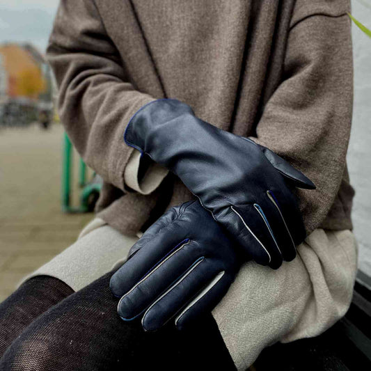 Blå fingre handsker skind med uld foer MyWalit