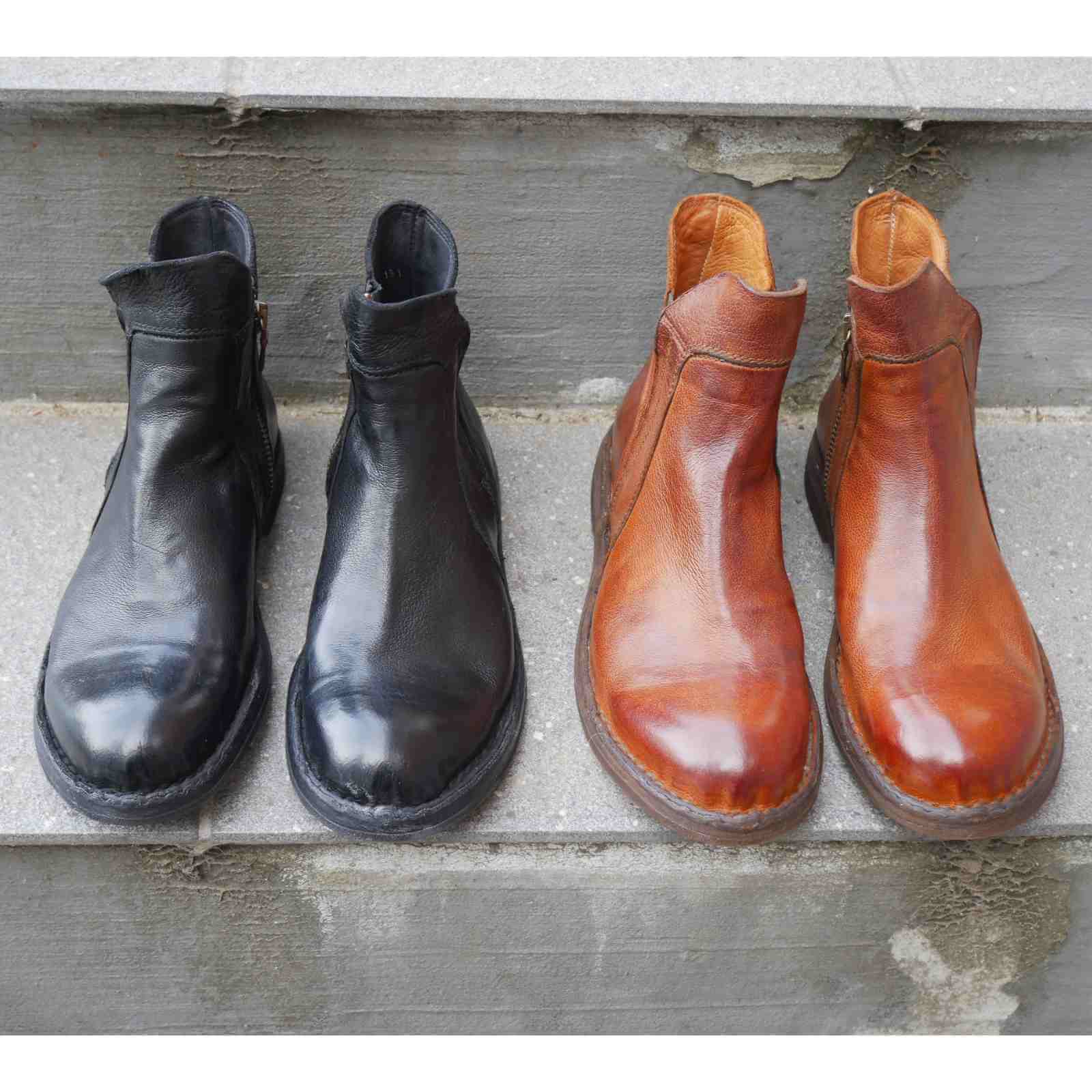 Korte støvler i sort og cognac farvet skind fra Bubetti